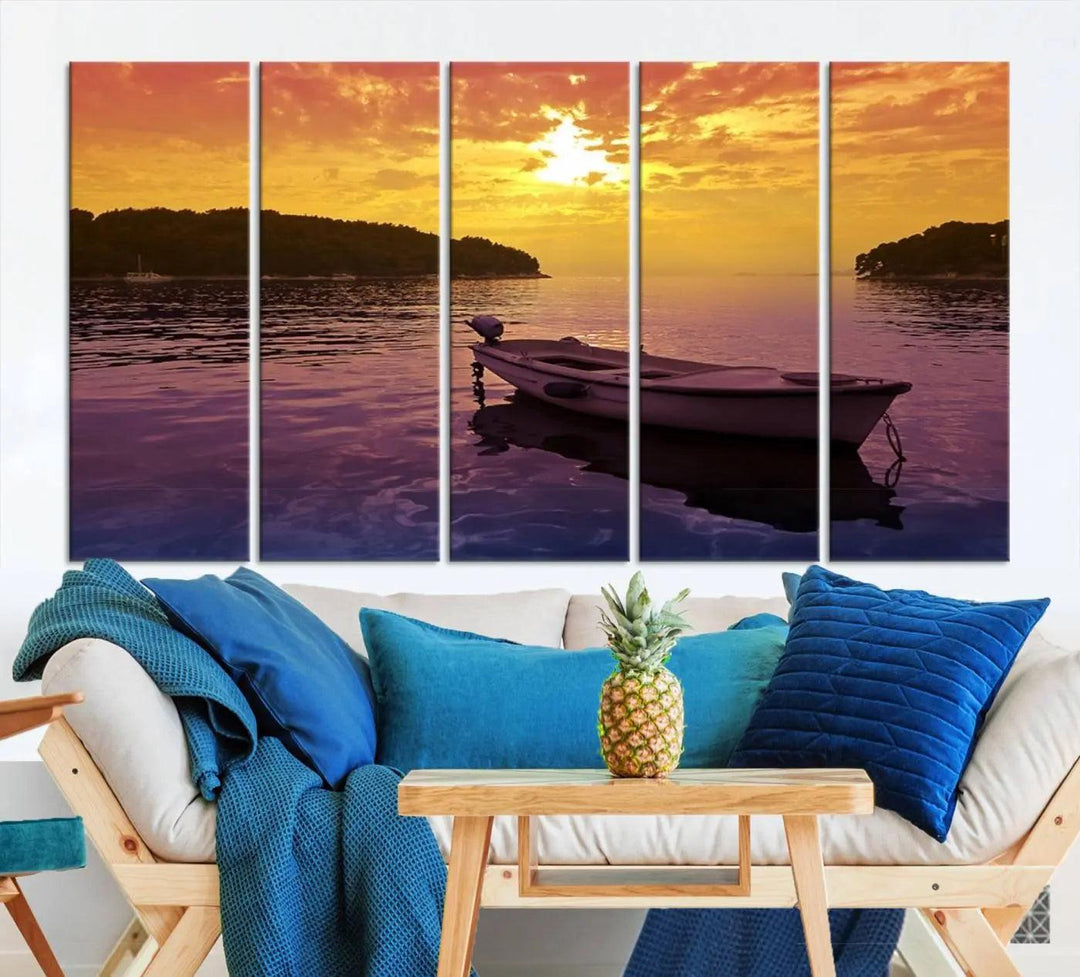 The wall art showcases a calming scene of a boat on water beneath a purple sea and yellow sky, featuring a museum-quality canvas print that's ready to hang.