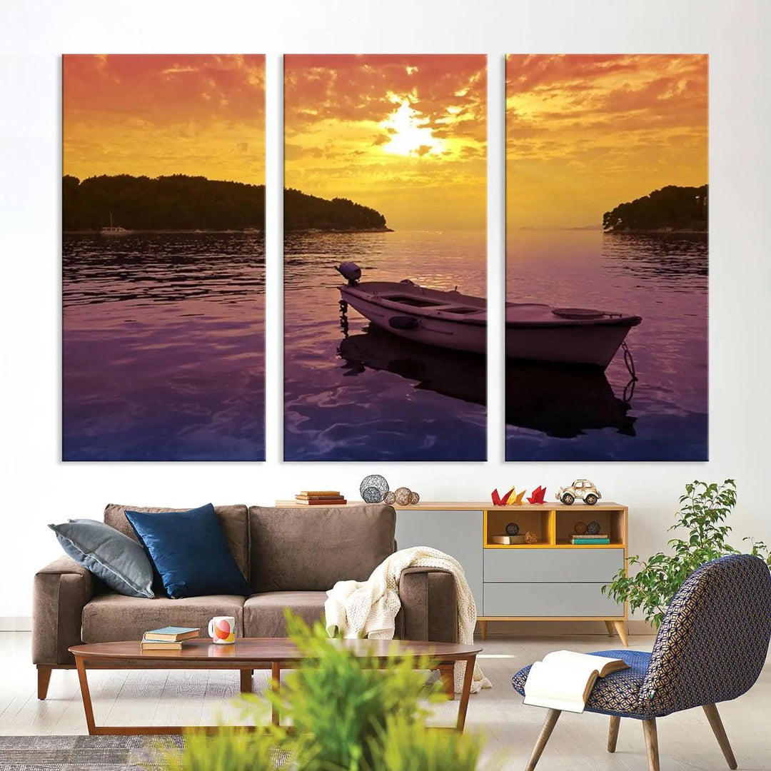 The wall art showcases a calming scene of a boat on water beneath a purple sea and yellow sky, featuring a museum-quality canvas print that's ready to hang.