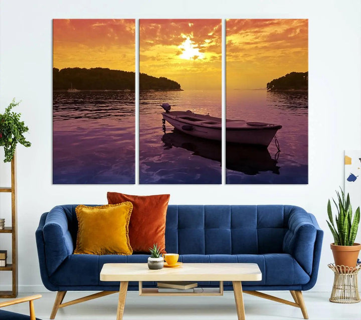 The wall art showcases a calming scene of a boat on water beneath a purple sea and yellow sky, featuring a museum-quality canvas print that's ready to hang.