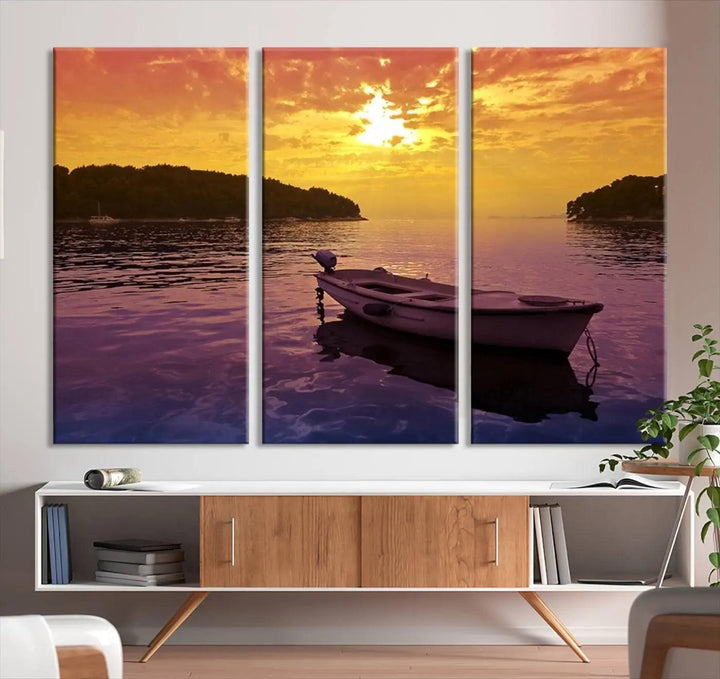 The wall art showcases a calming scene of a boat on water beneath a purple sea and yellow sky, featuring a museum-quality canvas print that's ready to hang.