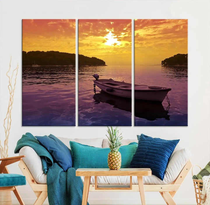 The wall art showcases a calming scene of a boat on water beneath a purple sea and yellow sky, featuring a museum-quality canvas print that's ready to hang.