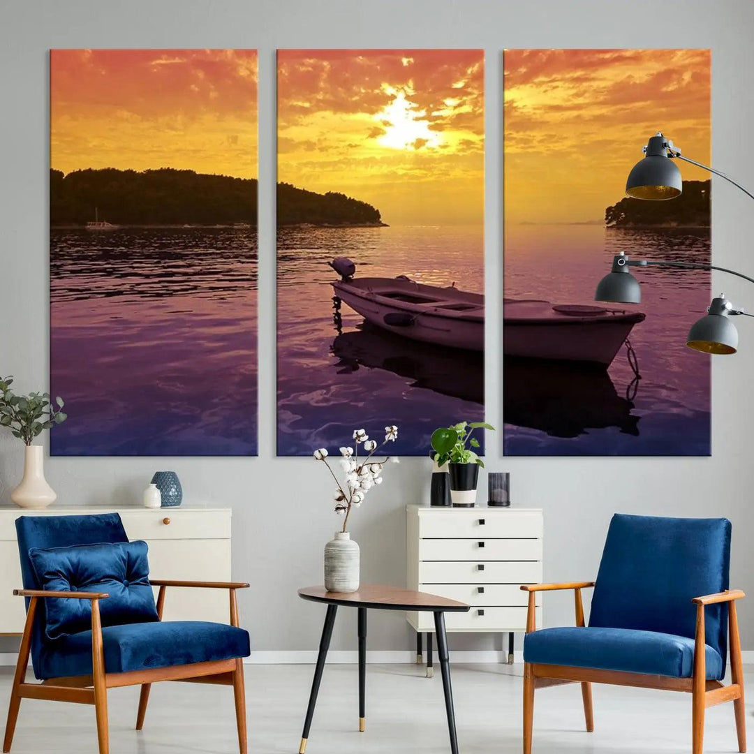 The wall art showcases a calming scene of a boat on water beneath a purple sea and yellow sky, featuring a museum-quality canvas print that's ready to hang.