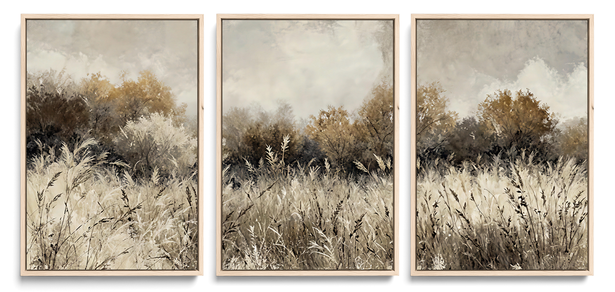 53959945-_Poster-30x20 - Muted Neutral Forest Landscape Canvas Wall Art - Vintage Rustic Wildflower Meadow Print