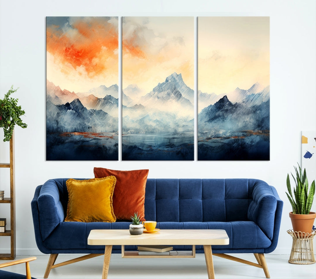 The Warm Clouds Abstract Mountain Wall Art Canvas Print enhances the living room with its museum-quality canvas and UV-protective coating, making it ready to hang on the wall.