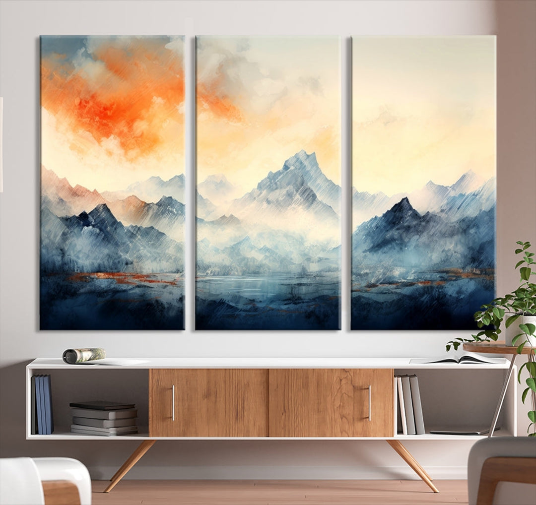 The Warm Clouds Abstract Mountain Wall Art Canvas Print enhances the living room with its museum-quality canvas and UV-protective coating, making it ready to hang on the wall.