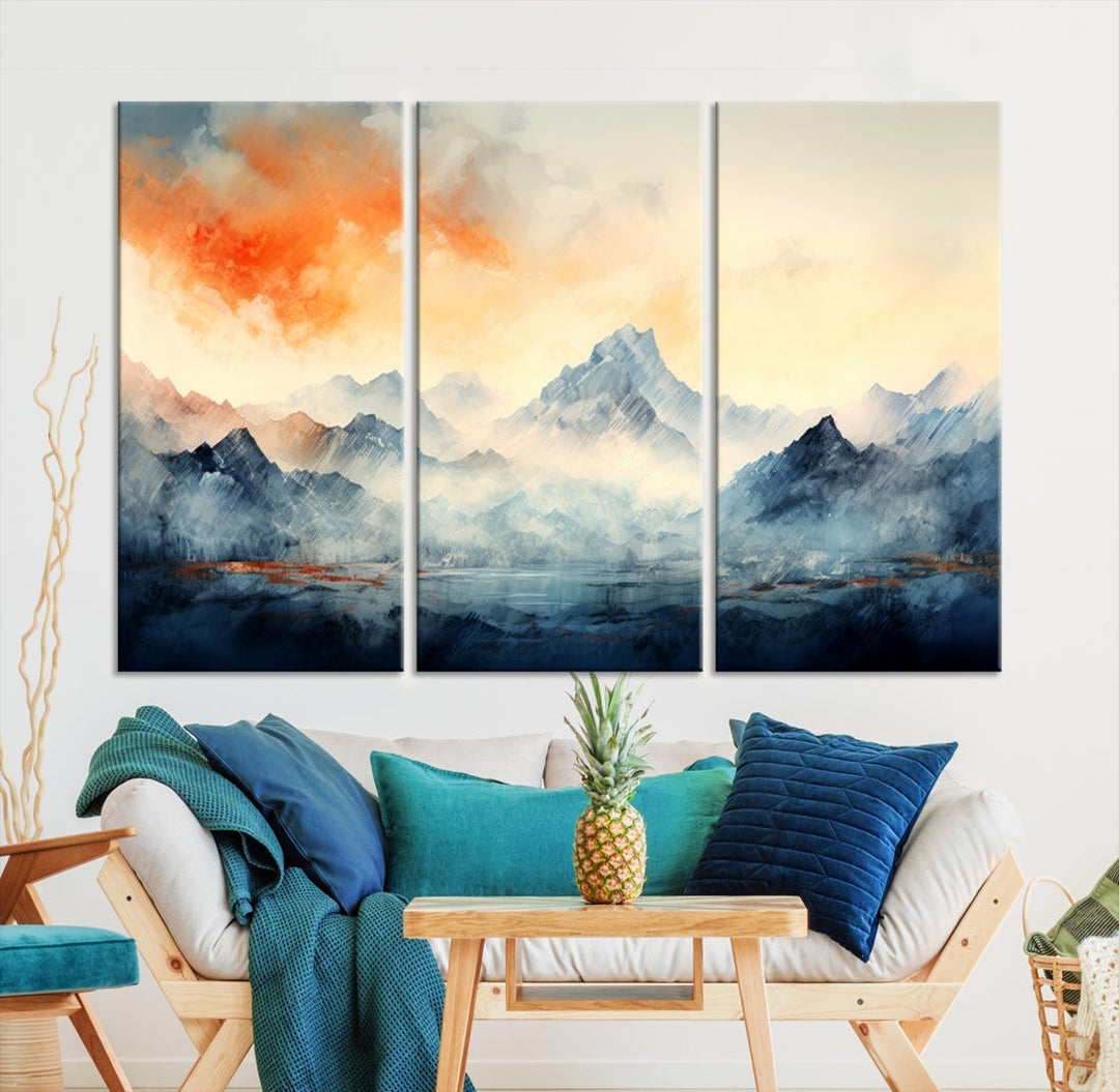 The Warm Clouds Abstract Mountain Wall Art Canvas Print enhances the living room with its museum-quality canvas and UV-protective coating, making it ready to hang on the wall.