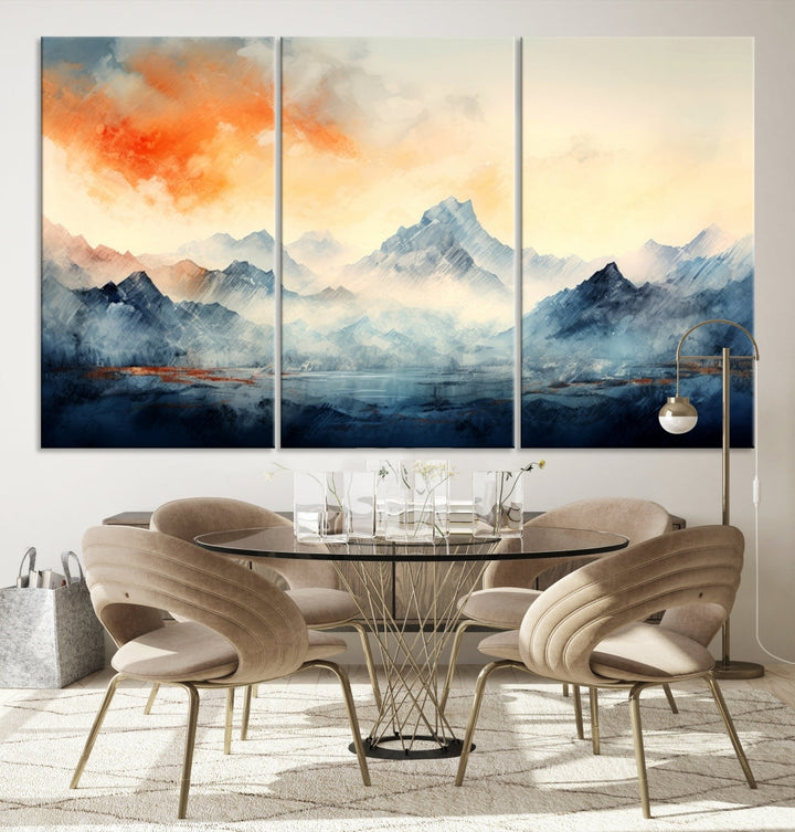 The Warm Clouds Abstract Mountain Wall Art Canvas Print enhances the living room with its museum-quality canvas and UV-protective coating, making it ready to hang on the wall.