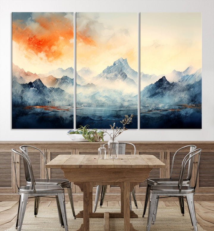 The Warm Clouds Abstract Mountain Wall Art Canvas Print enhances the living room with its museum-quality canvas and UV-protective coating, making it ready to hang on the wall.