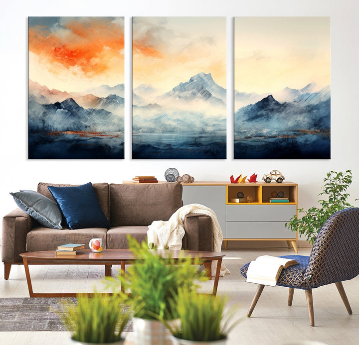 The Warm Clouds Abstract Mountain Wall Art Canvas Print enhances the living room with its museum-quality canvas and UV-protective coating, making it ready to hang on the wall.