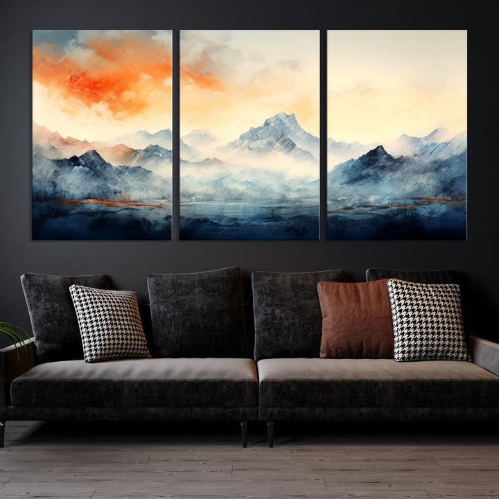 The Warm Clouds Abstract Mountain Wall Art Canvas Print enhances the living room with its museum-quality canvas and UV-protective coating, making it ready to hang on the wall.