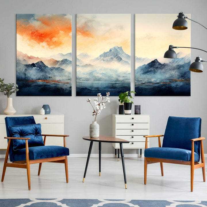 The Warm Clouds Abstract Mountain Wall Art Canvas Print enhances the living room with its museum-quality canvas and UV-protective coating, making it ready to hang on the wall.