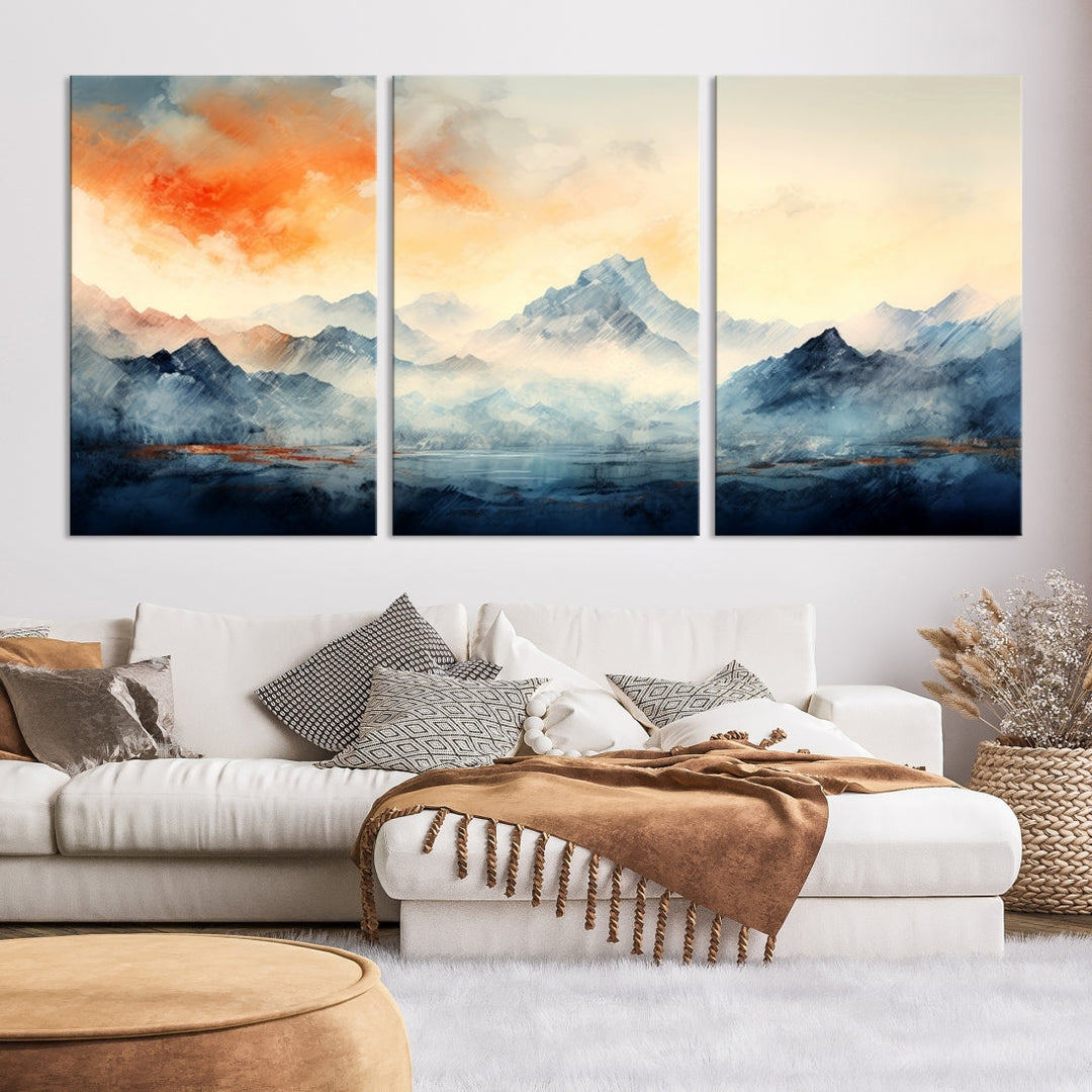 The Warm Clouds Abstract Mountain Wall Art Canvas Print enhances the living room with its museum-quality canvas and UV-protective coating, making it ready to hang on the wall.