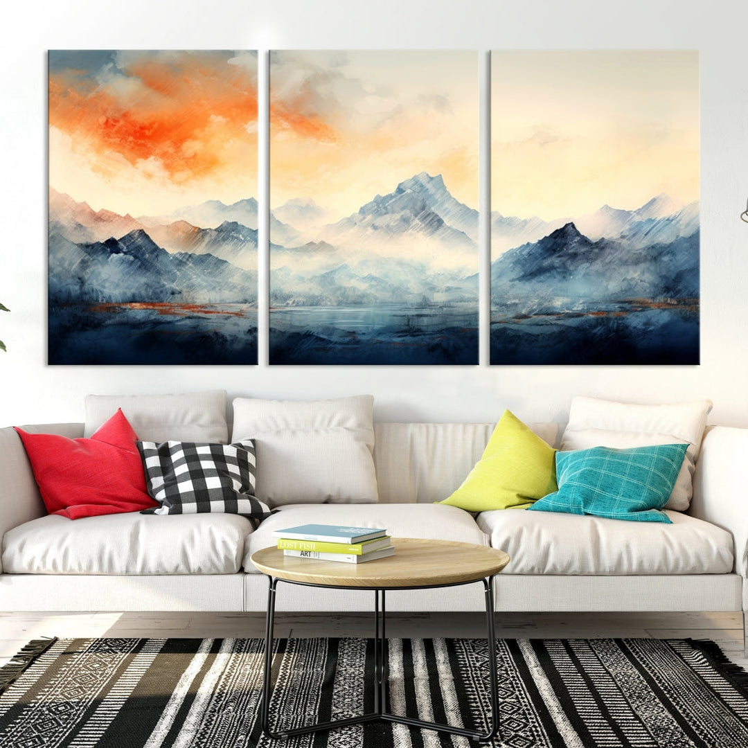 The Warm Clouds Abstract Mountain Wall Art Canvas Print enhances the living room with its museum-quality canvas and UV-protective coating, making it ready to hang on the wall.