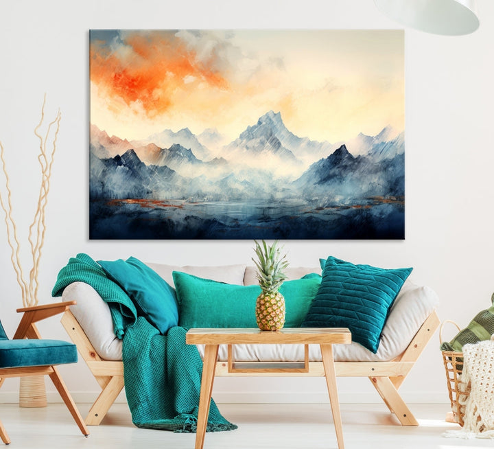 The Warm Clouds Abstract Mountain Wall Art Canvas Print enhances the living room with its museum-quality canvas and UV-protective coating, making it ready to hang on the wall.