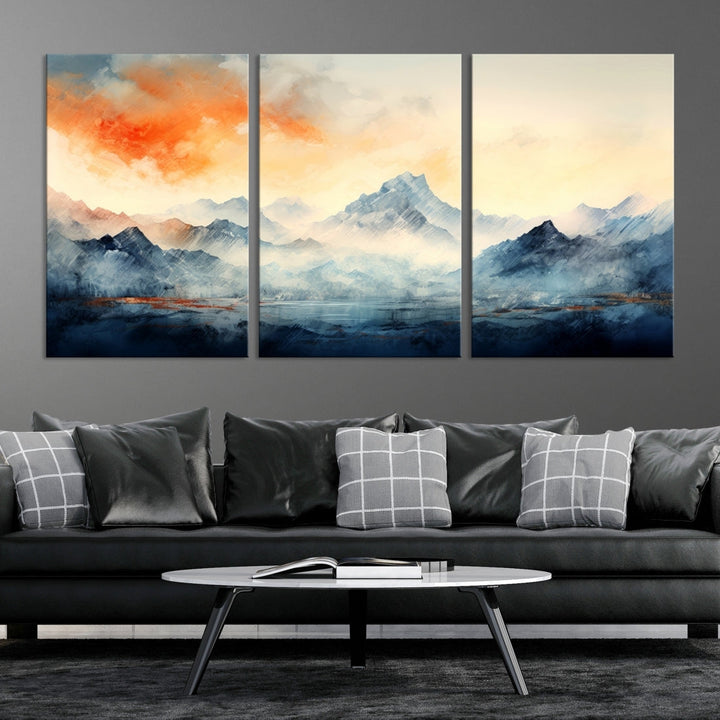 The Warm Clouds Abstract Mountain Wall Art Canvas Print enhances the living room with its museum-quality canvas and UV-protective coating, making it ready to hang on the wall.