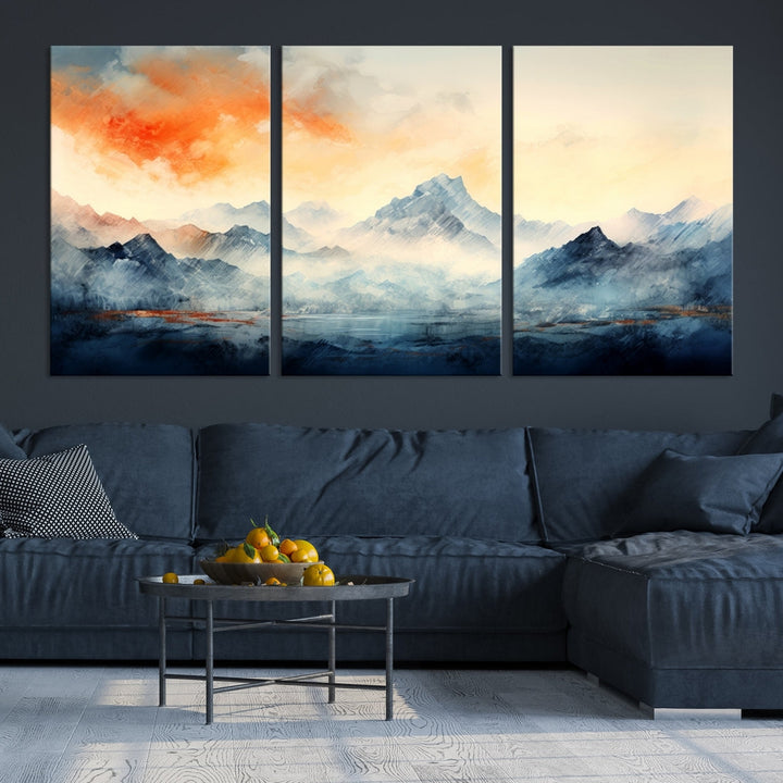 The Warm Clouds Abstract Mountain Wall Art Canvas Print enhances the living room with its museum-quality canvas and UV-protective coating, making it ready to hang on the wall.