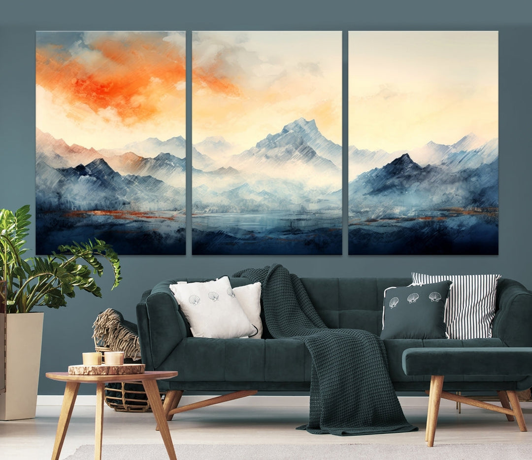 The Warm Clouds Abstract Mountain Wall Art Canvas Print enhances the living room with its museum-quality canvas and UV-protective coating, making it ready to hang on the wall.