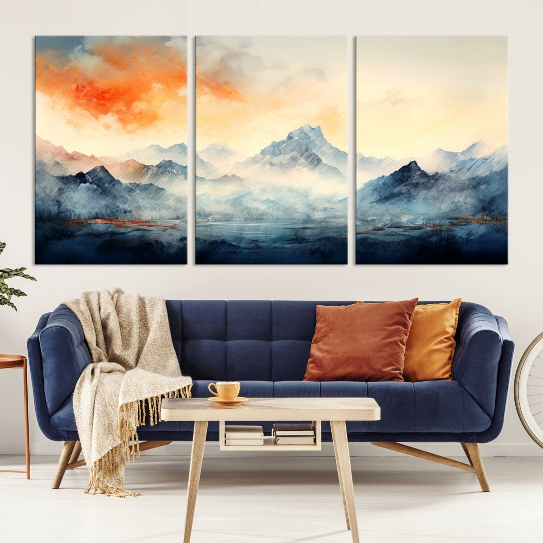 The Warm Clouds Abstract Mountain Wall Art Canvas Print enhances the living room with its museum-quality canvas and UV-protective coating, making it ready to hang on the wall.