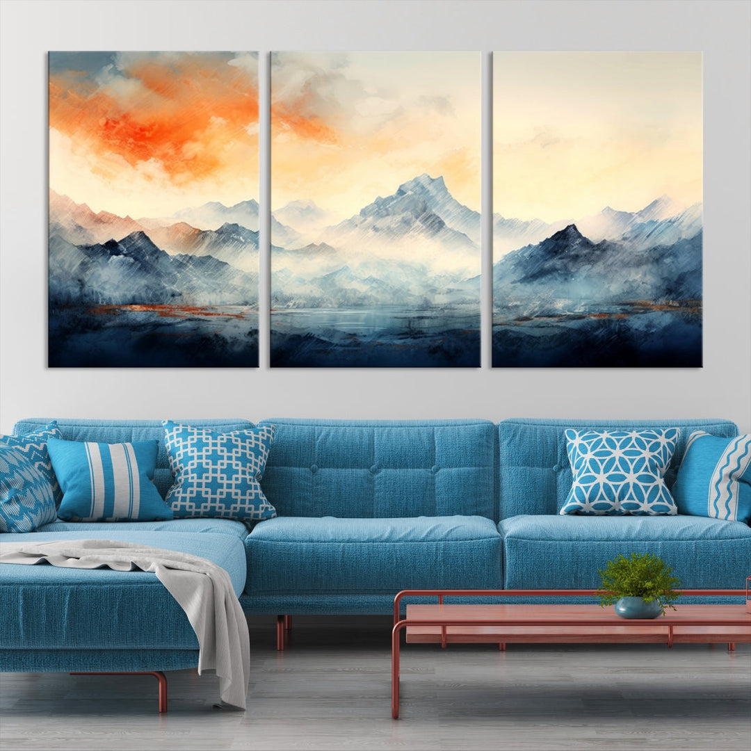 The Warm Clouds Abstract Mountain Wall Art Canvas Print enhances the living room with its museum-quality canvas and UV-protective coating, making it ready to hang on the wall.