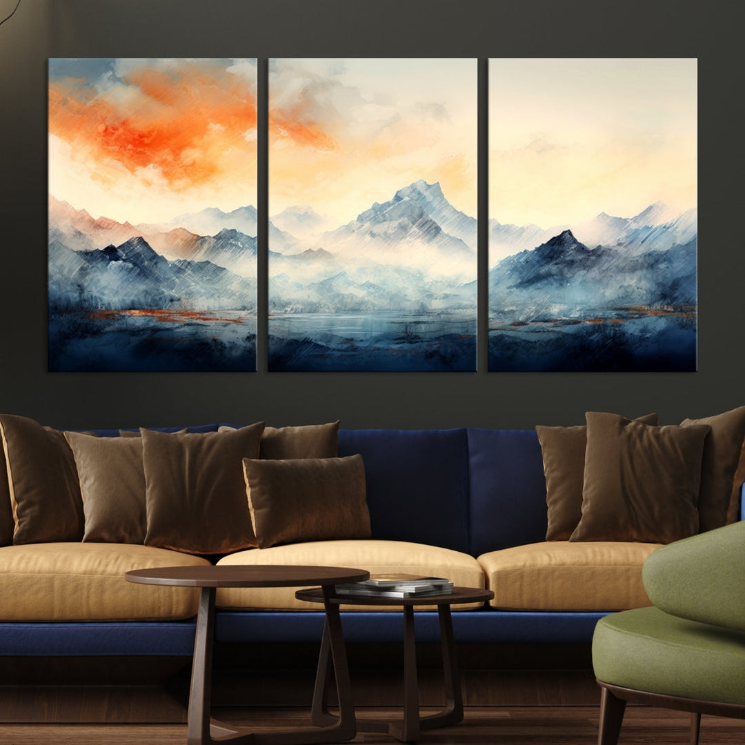 The Warm Clouds Abstract Mountain Wall Art Canvas Print enhances the living room with its museum-quality canvas and UV-protective coating, making it ready to hang on the wall.