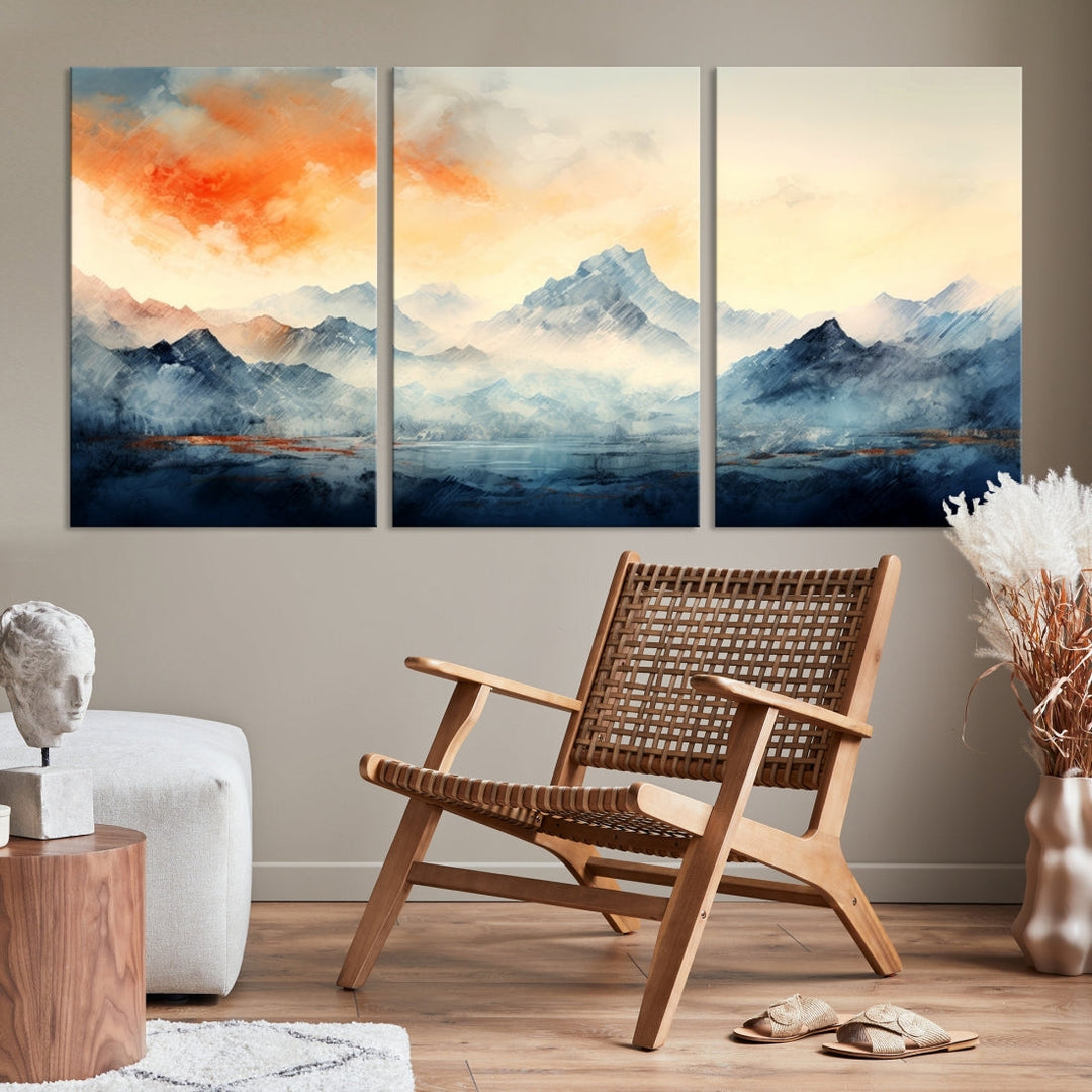 The Warm Clouds Abstract Mountain Wall Art Canvas Print enhances the living room with its museum-quality canvas and UV-protective coating, making it ready to hang on the wall.