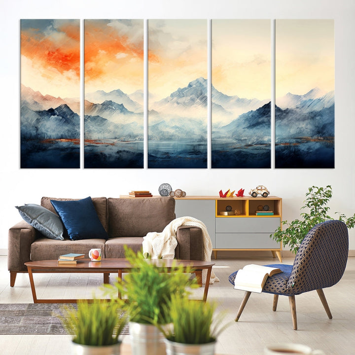 The Warm Clouds Abstract Mountain Wall Art Canvas Print enhances the living room with its museum-quality canvas and UV-protective coating, making it ready to hang on the wall.