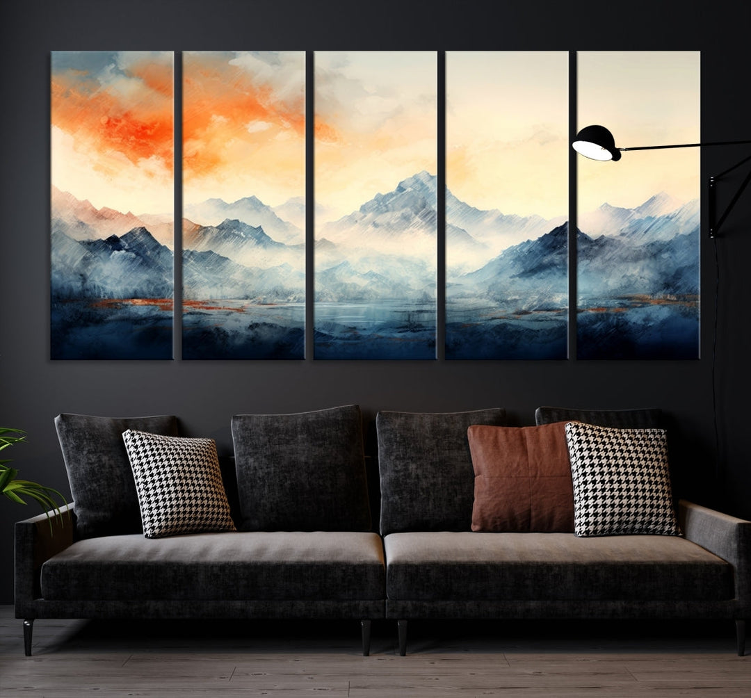 The Warm Clouds Abstract Mountain Wall Art Canvas Print enhances the living room with its museum-quality canvas and UV-protective coating, making it ready to hang on the wall.