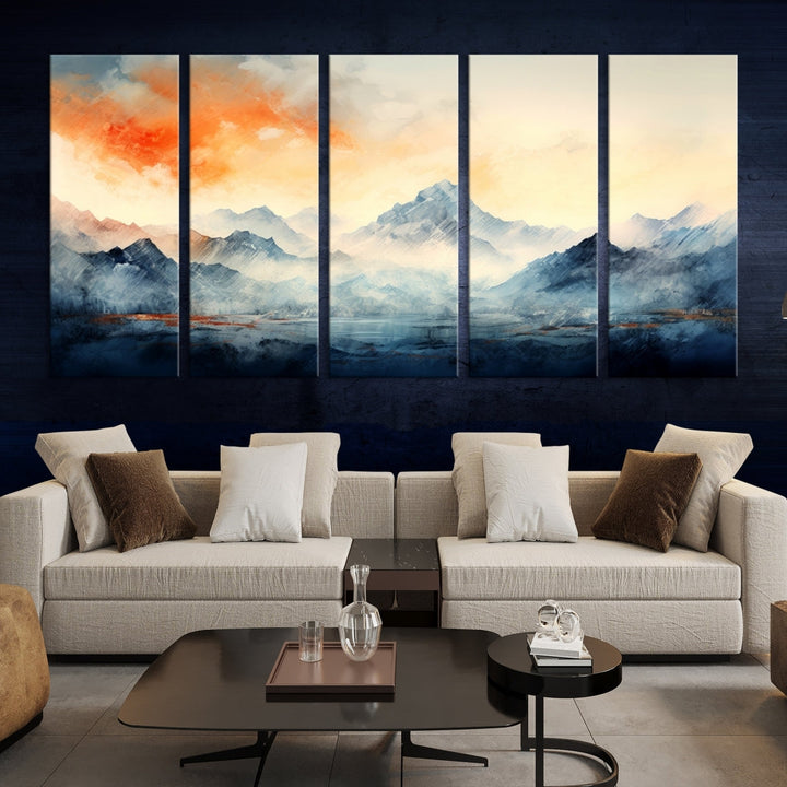 The Warm Clouds Abstract Mountain Wall Art Canvas Print enhances the living room with its museum-quality canvas and UV-protective coating, making it ready to hang on the wall.