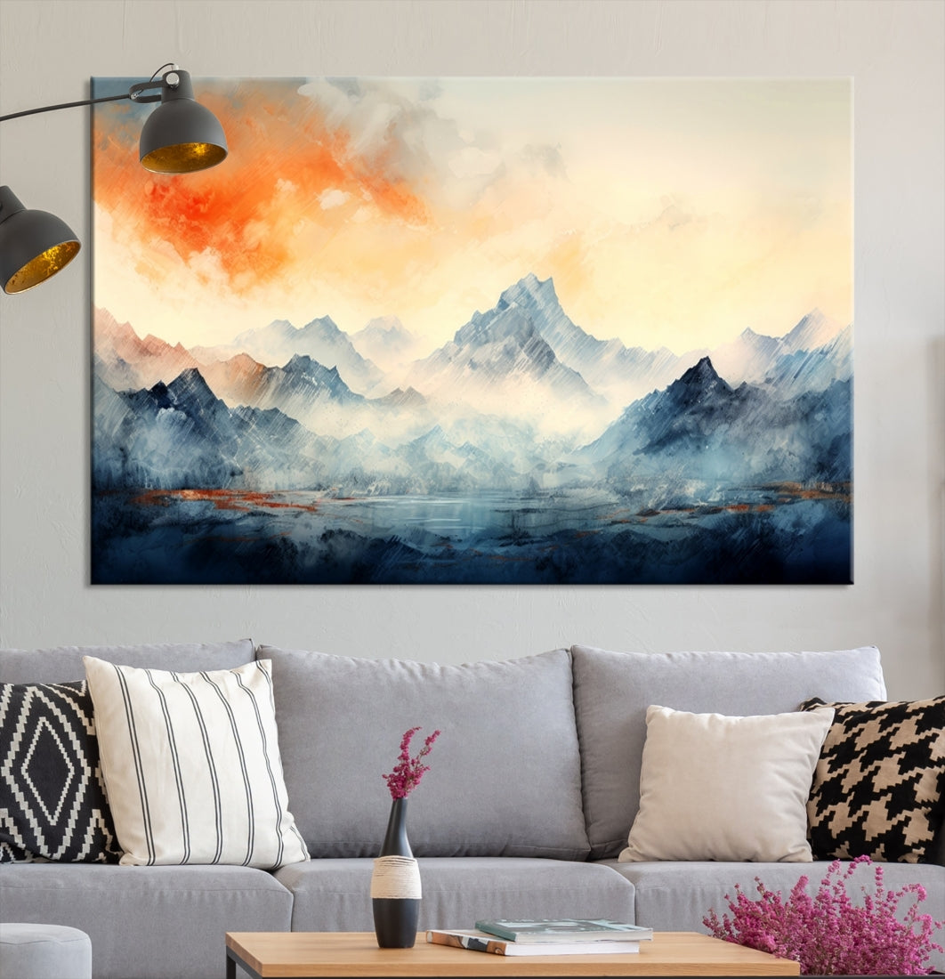 The Warm Clouds Abstract Mountain Wall Art Canvas Print enhances the living room with its museum-quality canvas and UV-protective coating, making it ready to hang on the wall.