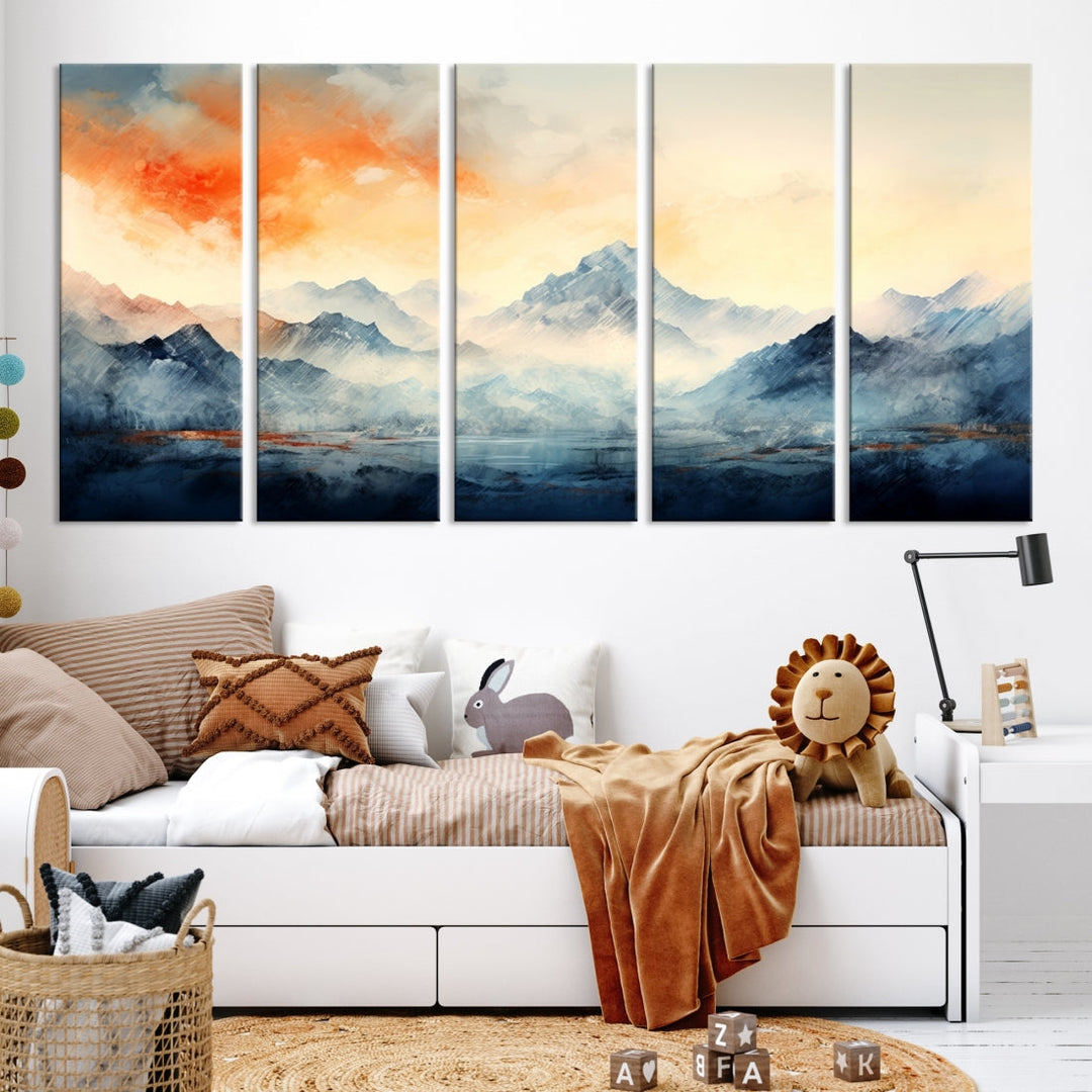 The Warm Clouds Abstract Mountain Wall Art Canvas Print enhances the living room with its museum-quality canvas and UV-protective coating, making it ready to hang on the wall.