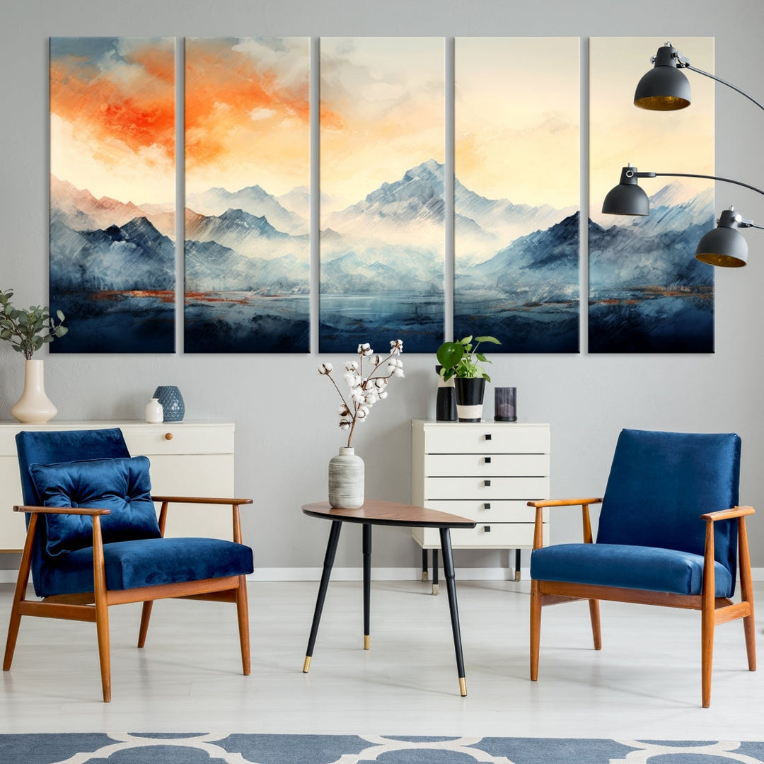 The Warm Clouds Abstract Mountain Wall Art Canvas Print enhances the living room with its museum-quality canvas and UV-protective coating, making it ready to hang on the wall.