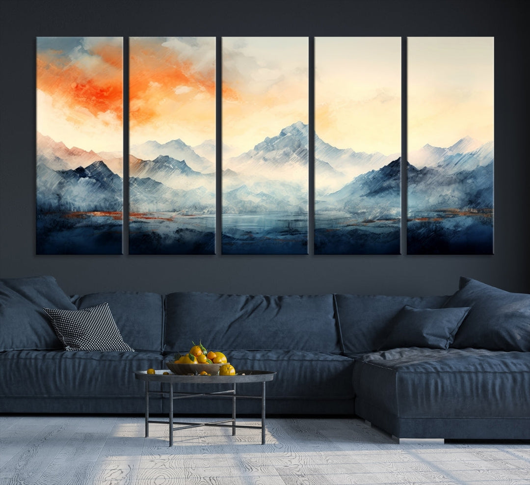 The Warm Clouds Abstract Mountain Wall Art Canvas Print enhances the living room with its museum-quality canvas and UV-protective coating, making it ready to hang on the wall.