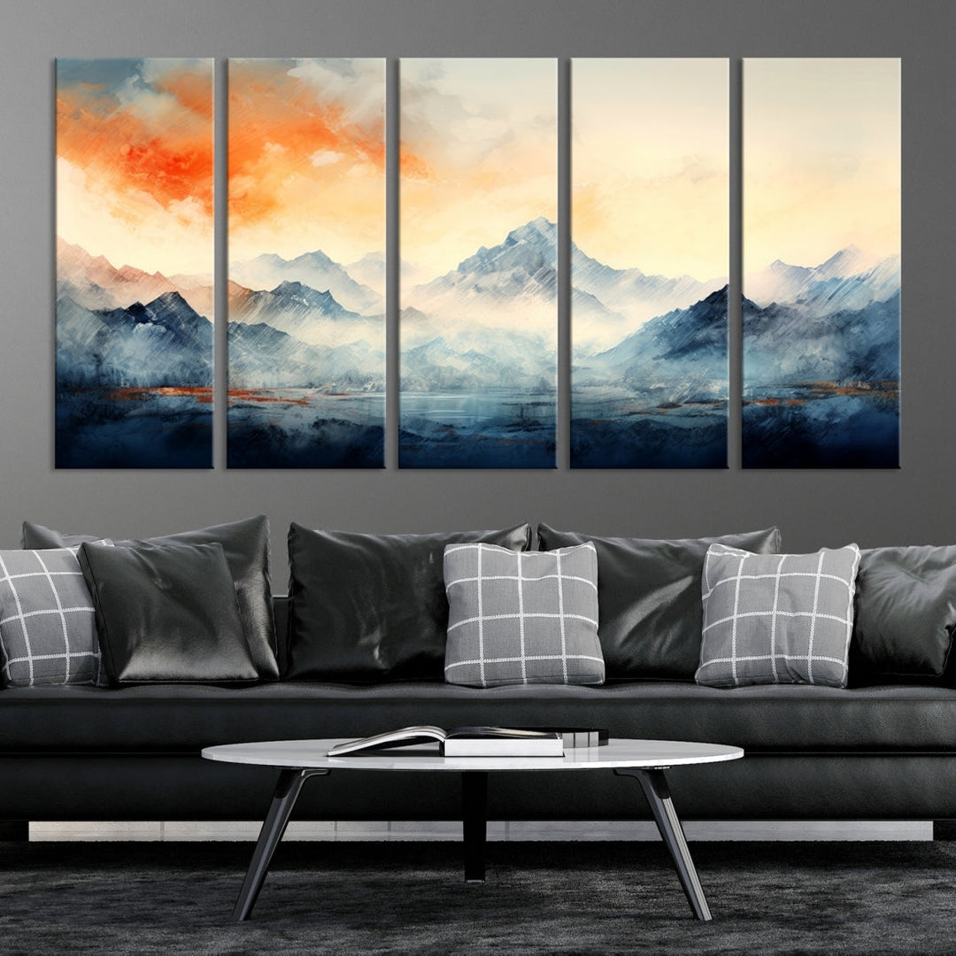 The Warm Clouds Abstract Mountain Wall Art Canvas Print enhances the living room with its museum-quality canvas and UV-protective coating, making it ready to hang on the wall.