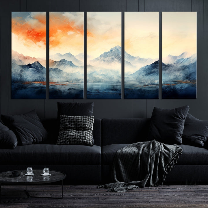 The Warm Clouds Abstract Mountain Wall Art Canvas Print enhances the living room with its museum-quality canvas and UV-protective coating, making it ready to hang on the wall.