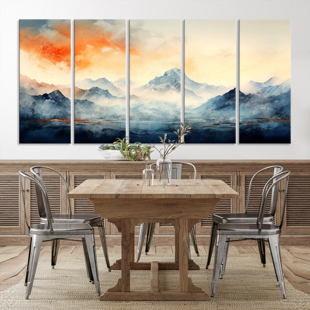 The Warm Clouds Abstract Mountain Wall Art Canvas Print enhances the living room with its museum-quality canvas and UV-protective coating, making it ready to hang on the wall.