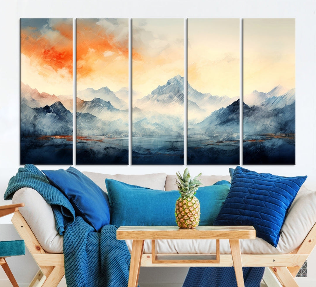 The Warm Clouds Abstract Mountain Wall Art Canvas Print enhances the living room with its museum-quality canvas and UV-protective coating, making it ready to hang on the wall.