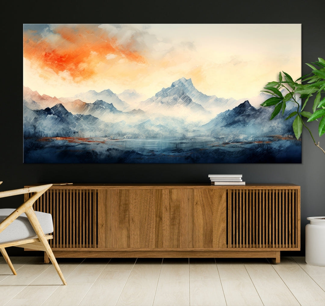 The Warm Clouds Abstract Mountain Wall Art Canvas Print enhances the living room with its museum-quality canvas and UV-protective coating, making it ready to hang on the wall.