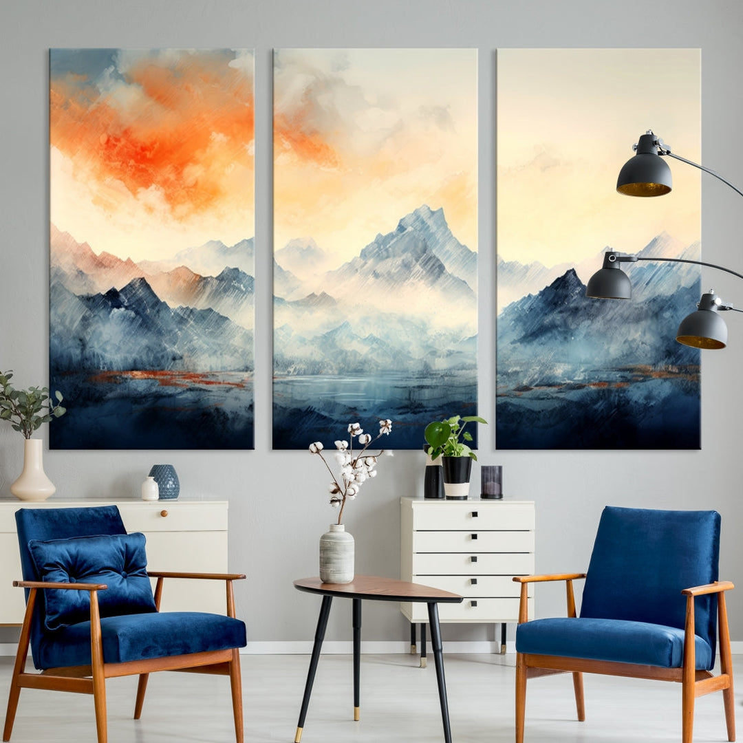 The Warm Clouds Abstract Mountain Wall Art Canvas Print enhances the living room with its museum-quality canvas and UV-protective coating, making it ready to hang on the wall.