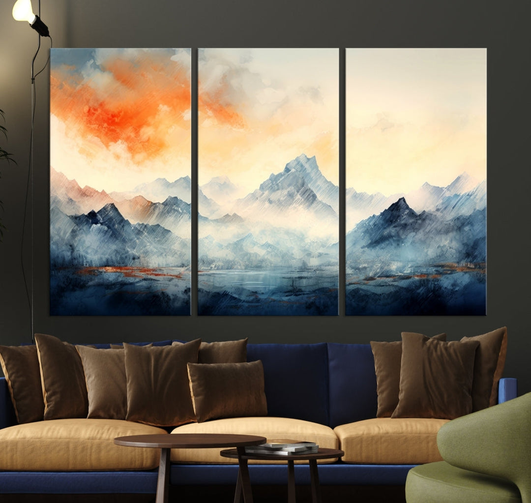 The Warm Clouds Abstract Mountain Wall Art Canvas Print enhances the living room with its museum-quality canvas and UV-protective coating, making it ready to hang on the wall.