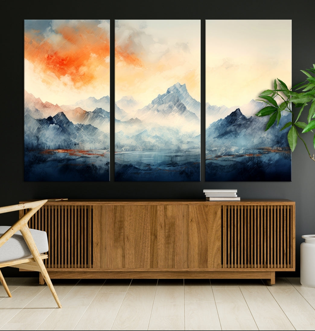 The Warm Clouds Abstract Mountain Wall Art Canvas Print enhances the living room with its museum-quality canvas and UV-protective coating, making it ready to hang on the wall.