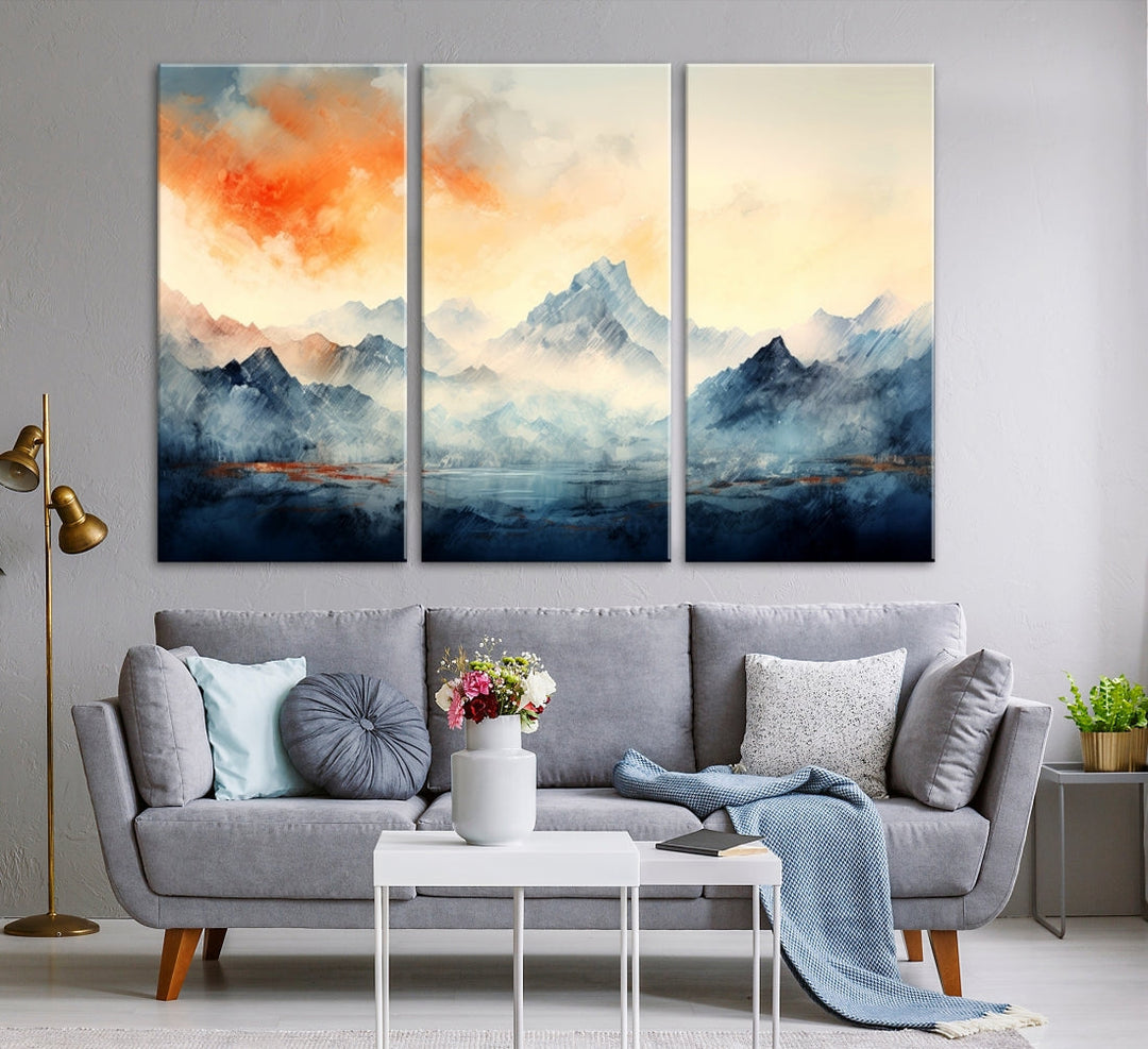 The Warm Clouds Abstract Mountain Wall Art Canvas Print enhances the living room with its museum-quality canvas and UV-protective coating, making it ready to hang on the wall.