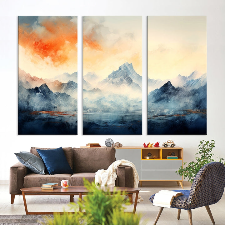 The Warm Clouds Abstract Mountain Wall Art Canvas Print enhances the living room with its museum-quality canvas and UV-protective coating, making it ready to hang on the wall.