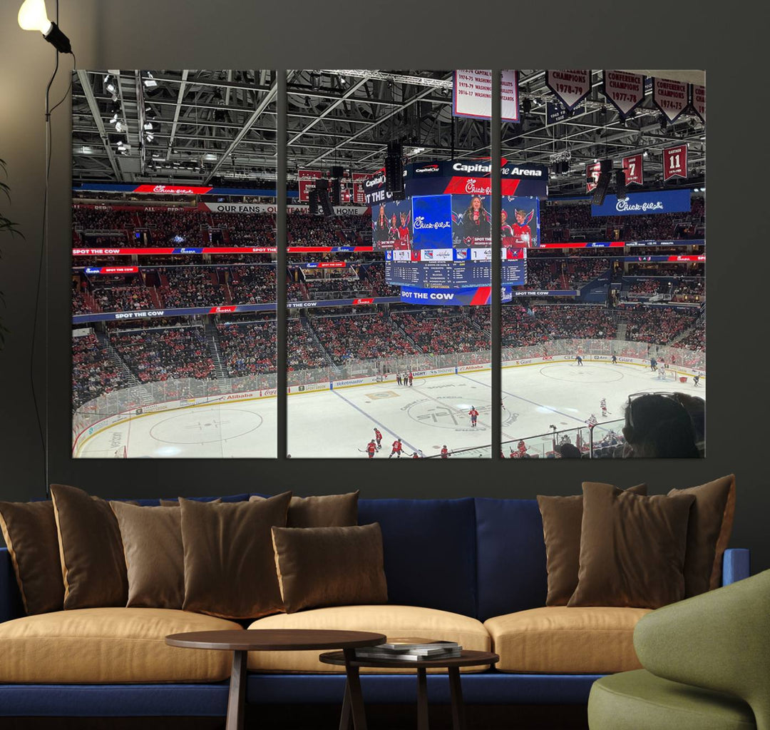 In the living room, a Washington Capitols New York Rangers Ice Hockey Game Stadium Wall Art Canvas Print hangs prominently. This museum-quality canvas features high-resolution printing and is ready to hang, seamlessly blending with the sleek décor.