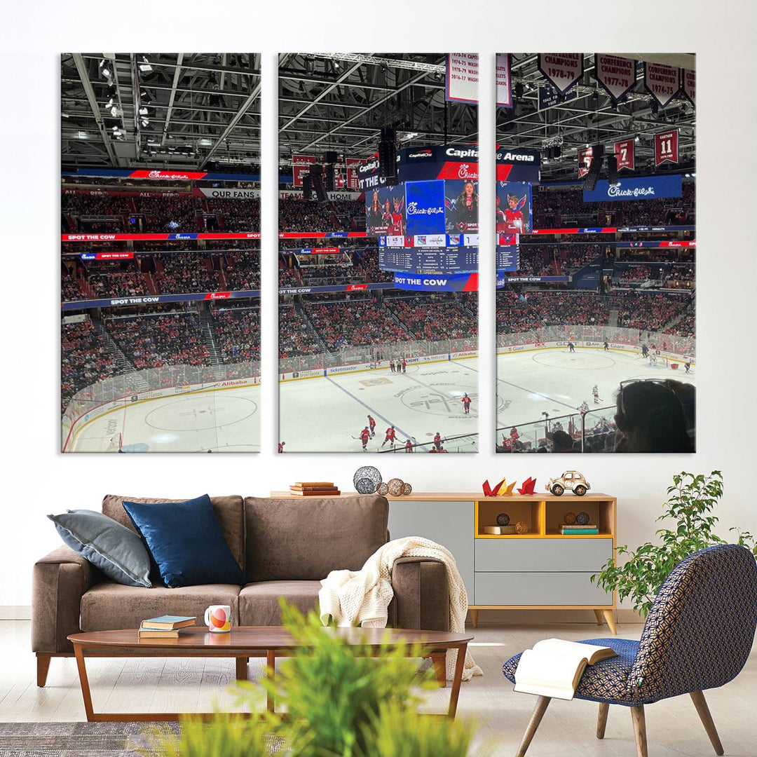 In the living room, a Washington Capitols New York Rangers Ice Hockey Game Stadium Wall Art Canvas Print hangs prominently. This museum-quality canvas features high-resolution printing and is ready to hang, seamlessly blending with the sleek décor.