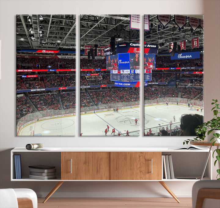 In the living room, a Washington Capitols New York Rangers Ice Hockey Game Stadium Wall Art Canvas Print hangs prominently. This museum-quality canvas features high-resolution printing and is ready to hang, seamlessly blending with the sleek décor.