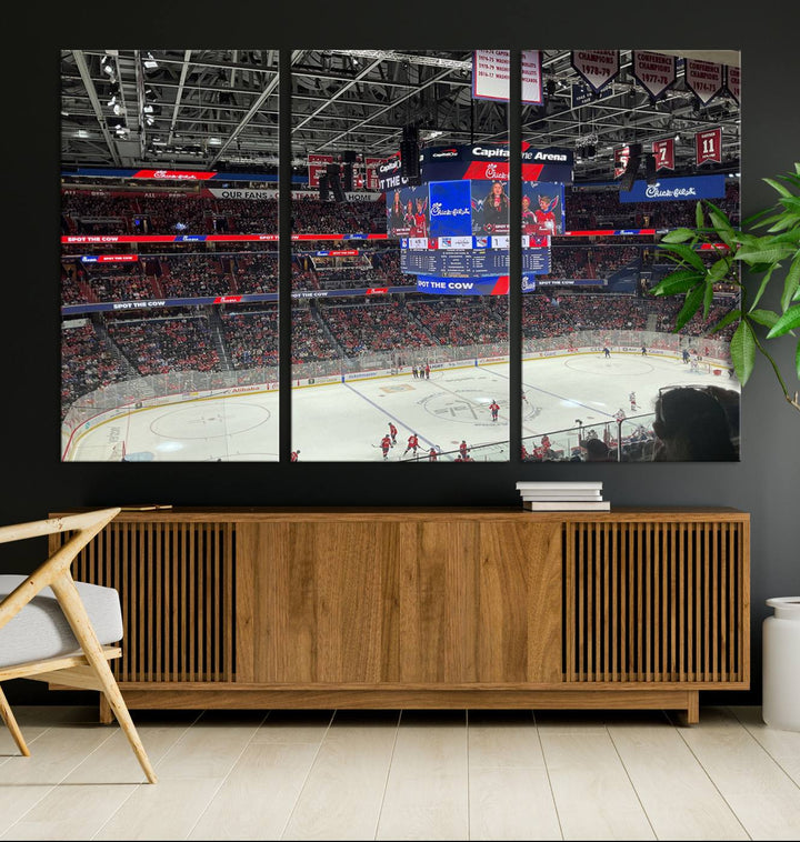 In the living room, a Washington Capitols New York Rangers Ice Hockey Game Stadium Wall Art Canvas Print hangs prominently. This museum-quality canvas features high-resolution printing and is ready to hang, seamlessly blending with the sleek décor.