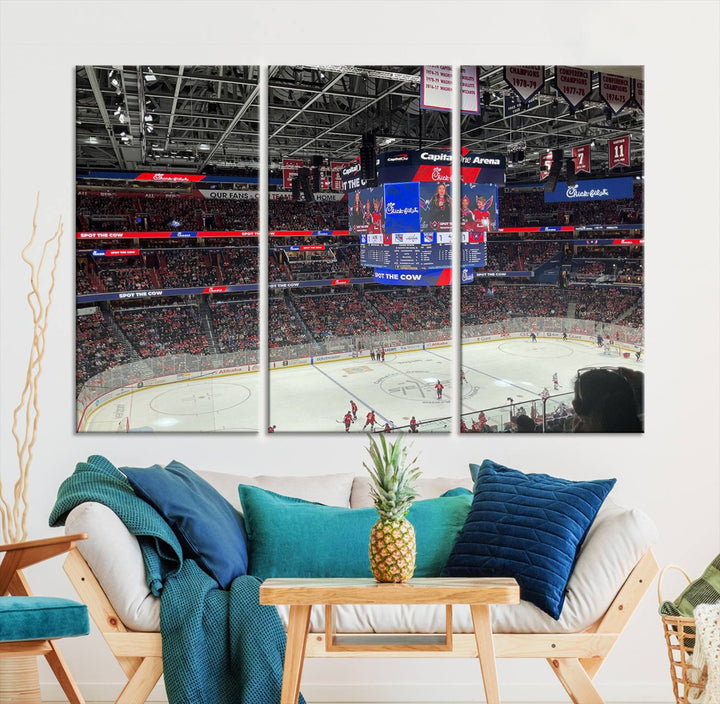 In the living room, a Washington Capitols New York Rangers Ice Hockey Game Stadium Wall Art Canvas Print hangs prominently. This museum-quality canvas features high-resolution printing and is ready to hang, seamlessly blending with the sleek décor.