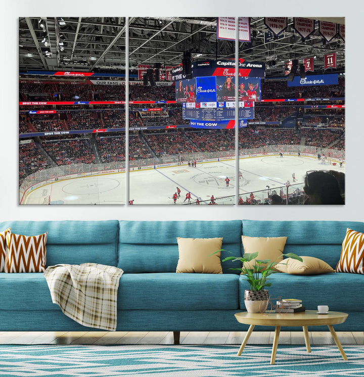 In the living room, a Washington Capitols New York Rangers Ice Hockey Game Stadium Wall Art Canvas Print hangs prominently. This museum-quality canvas features high-resolution printing and is ready to hang, seamlessly blending with the sleek décor.