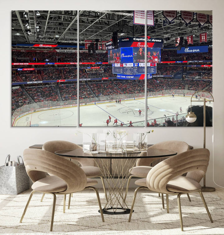 In the living room, a Washington Capitols New York Rangers Ice Hockey Game Stadium Wall Art Canvas Print hangs prominently. This museum-quality canvas features high-resolution printing and is ready to hang, seamlessly blending with the sleek décor.