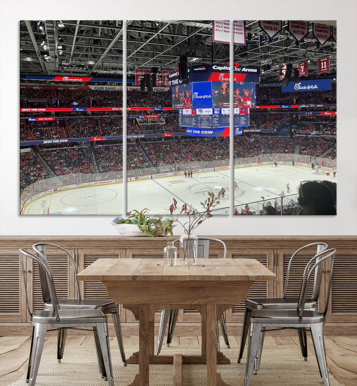 In the living room, a Washington Capitols New York Rangers Ice Hockey Game Stadium Wall Art Canvas Print hangs prominently. This museum-quality canvas features high-resolution printing and is ready to hang, seamlessly blending with the sleek décor.